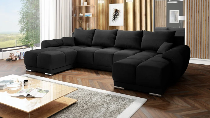 Na zdjęciu przedstawiono CZARNY DUŻY NAROŻNIK ROZKŁADANY HONEY U BLACK MATT VELVET ROGÓWKA DO SALONU