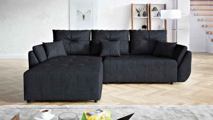 CZARNY NAROŻNIK ROZKŁADANY ROGÓWKA FUNKCJA SPANIA MIRA SPRĘŻYNY POJEMNIK