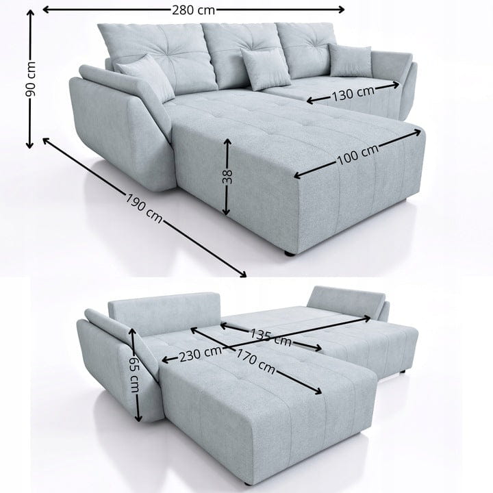 PIKOWANY NAROŻNIK ROZKŁADANY ROGÓWKA FUNKCJA SPANIA MIRA SPRĘŻYNY POJEMNIK tkanina centur