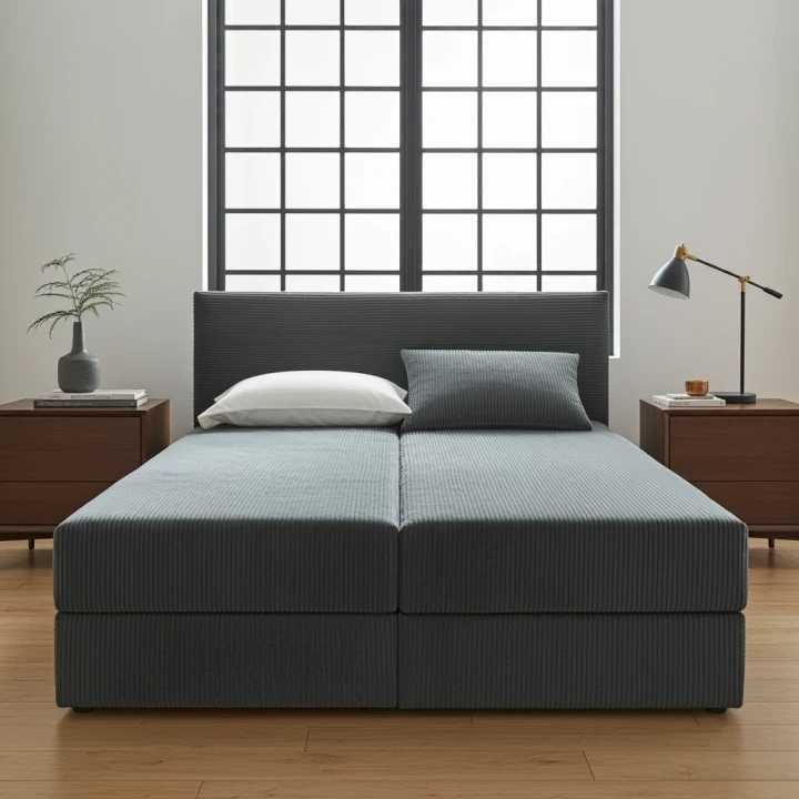 Na zdjęciu przedstawiono Duże łóżko kontynentalne Cordia 160x200 2x pojemnik z materacem sztruks  DARMOWA DOSTAWA!