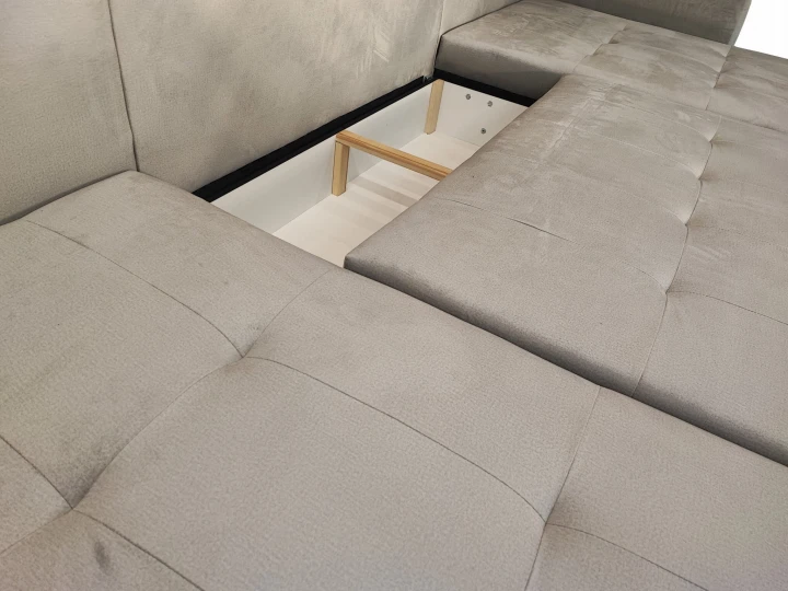 DUŻY SZARY NAROŻNIK ROZKŁADANY FUNKCJA SPANIA MIRA SPRĘŻYNY POJEMNIK WELUR