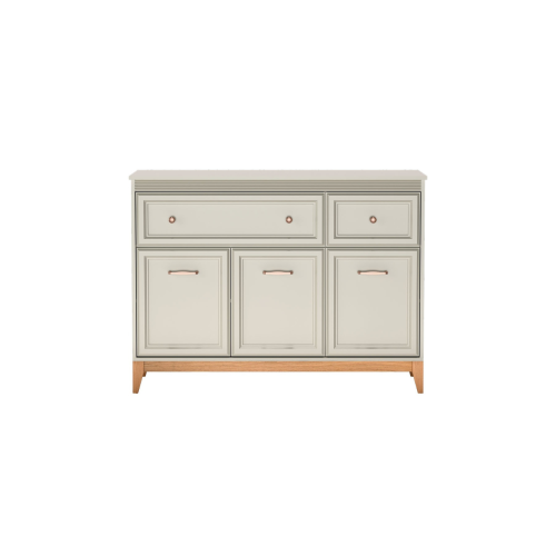 Elegancka komoda z szufladami półkami Buckingham kaszmir 135 cm dębowe nogi