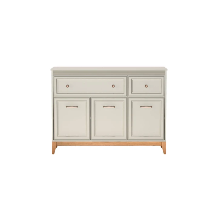 Elegancka komoda z szufladami półkami Buckingham kaszmir 135 cm dębowe nogi