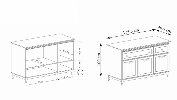 Elegancka komoda z szufladami półkami Buckingham kaszmir 135 cm dębowe nogi