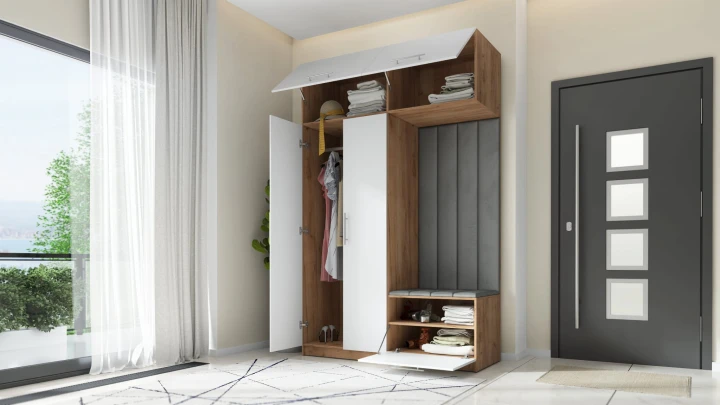 SZAFA DO PRZEDPOKOJU GARDEROBA NA KORYTARZ LILO 150 V BIAŁY / CRAFT ZŁOTY