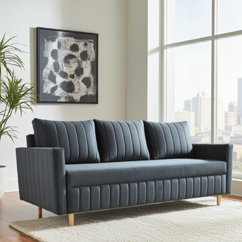 GRANATOWA KANAPA ROZKŁADA DO SALONU SOFA FRIDA FUNKCJA SPANIA SPRĘŻYNY WELUR POJEMNIK