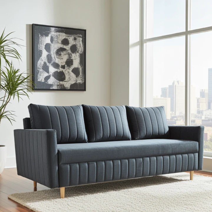 GRANATOWA KANAPA ROZKŁADA DO SALONU SOFA FRIDA FUNKCJA SPANIA SPRĘŻYNY WELUR POJEMNIK