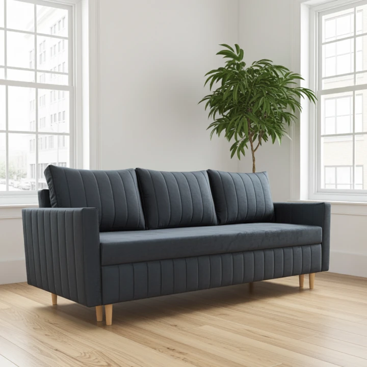 GRANATOWA KANAPA ROZKŁADA DO SALONU SOFA FRIDA FUNKCJA SPANIA SPRĘŻYNY WELUR POJEMNIK