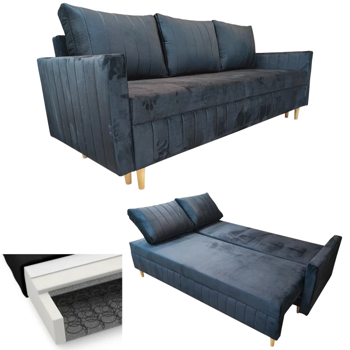 GRANATOWA KANAPA ROZKŁADA DO SALONU SOFA FRIDA FUNKCJA SPANIA SPRĘŻYNY WELUR POJEMNIK