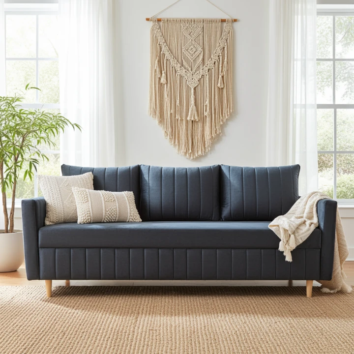 GRANATOWA KANAPA ROZKŁADA DO SALONU SOFA FRIDA FUNKCJA SPANIA SPRĘŻYNY WELUR POJEMNIK