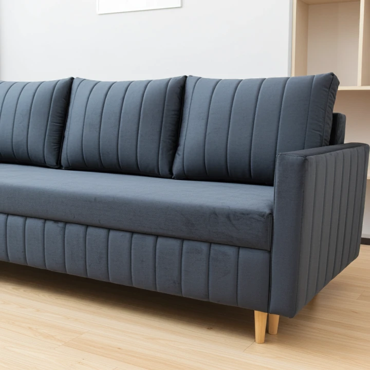 GRANATOWA KANAPA ROZKŁADA DO SALONU SOFA FRIDA FUNKCJA SPANIA SPRĘŻYNY WELUR POJEMNIK