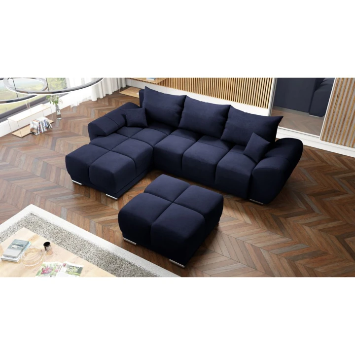 GRANATOWY NAROŻNIK DO SALONU ROZKŁADANY FUNKCJA SPANIA HONEY L + DUŻA PUFA