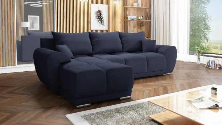 GRANATOWY NAROŻNIK DO SALONU ROZKŁADANY FUNKCJA SPANIA HONEY L + DUŻA PUFA