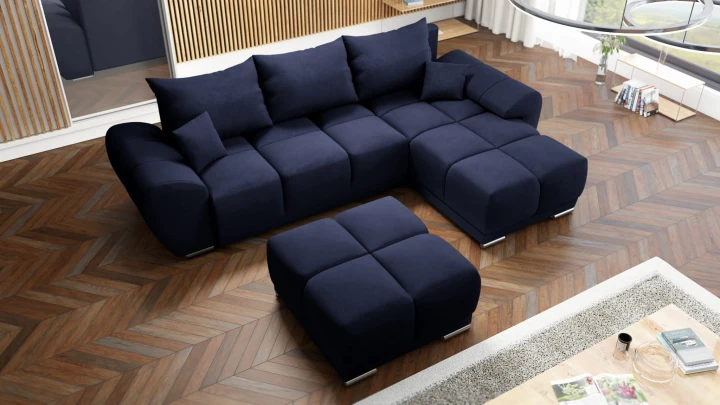 GRANATOWY NAROŻNIK DO SALONU ROZKŁADANY FUNKCJA SPANIA HONEY L + DUŻA PUFA