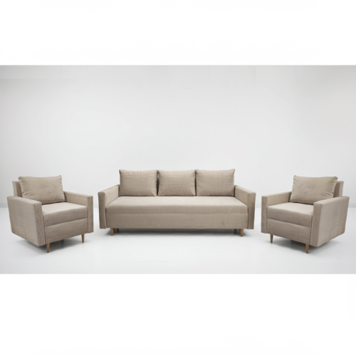 KOMPLET WYPOCZYNKOWY KANAPA ROZKŁADANA SCANDIK BONELL SZTRUKS + DWA FOTELE