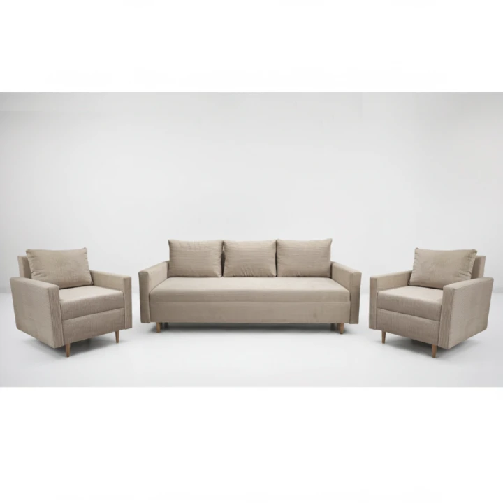 KOMPLET WYPOCZYNKOWY KANAPA ROZKŁADANA SCANDIK BONELL SZTRUKS + DWA FOTELE