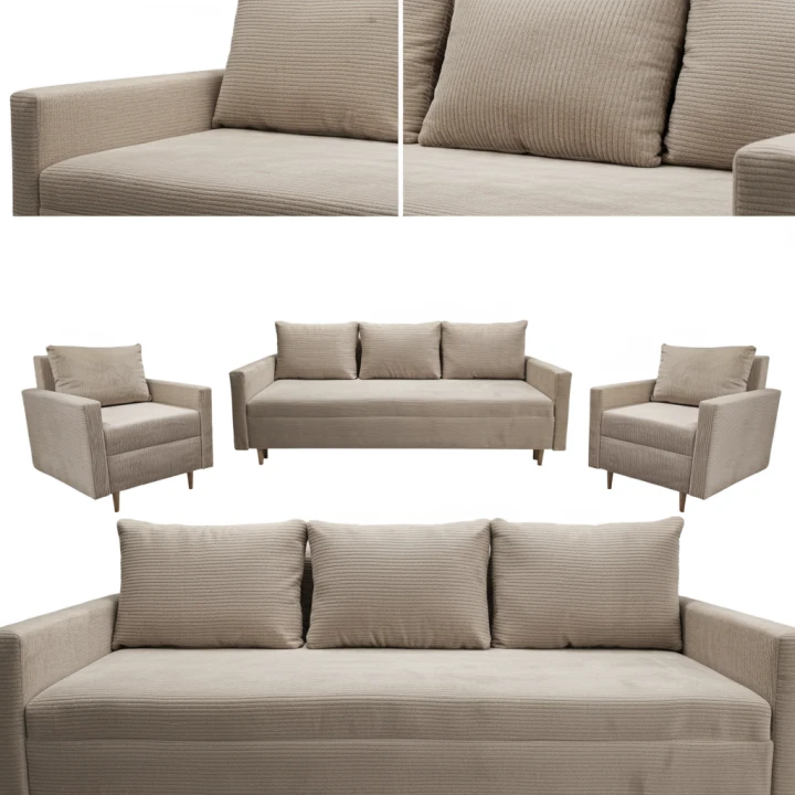 KOMPLET WYPOCZYNKOWY KANAPA ROZKŁADANA SCANDIK BONELL SZTRUKS + DWA FOTELE