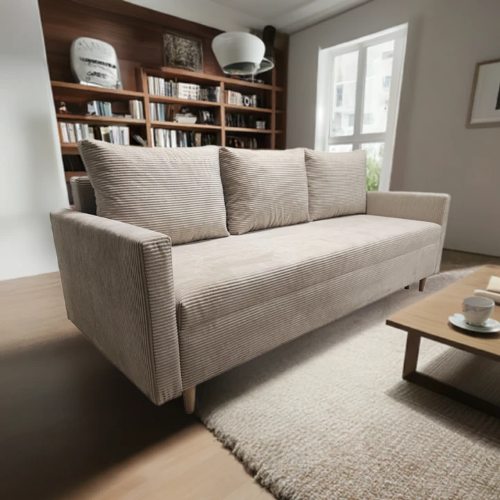 KOMPLET WYPOCZYNKOWY KANAPA ROZKŁADANA SCANDIK BONELL SZTRUKS + DWA FOTELE