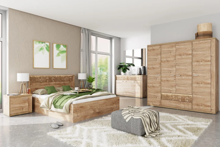 ŁÓŻKO ŁOŻE MAŁŻEŃSKIE DO SYPIALNI BOHO Z POJEMNIKIEM LED