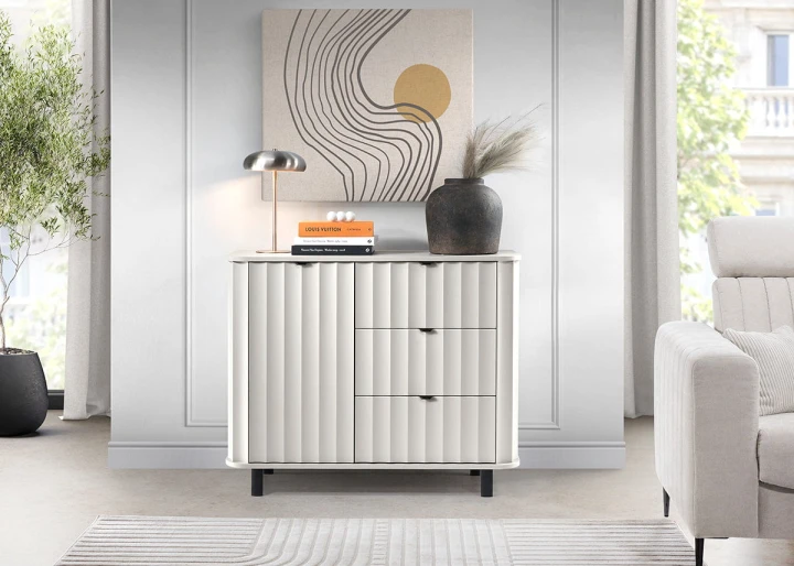 MAŁA NOWOCZESNA KOMODA SZAFKA DO SALONU TRZY SZUFLADY NOVA 117 cm