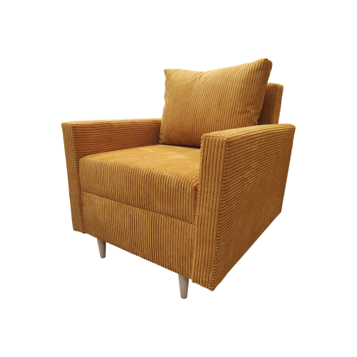 MUSZTARDOWY FOTEL DO SALONU SCANDIK WYSOKIE NÓŻKI PODUSZKA SZTRUKS NÓŻKI