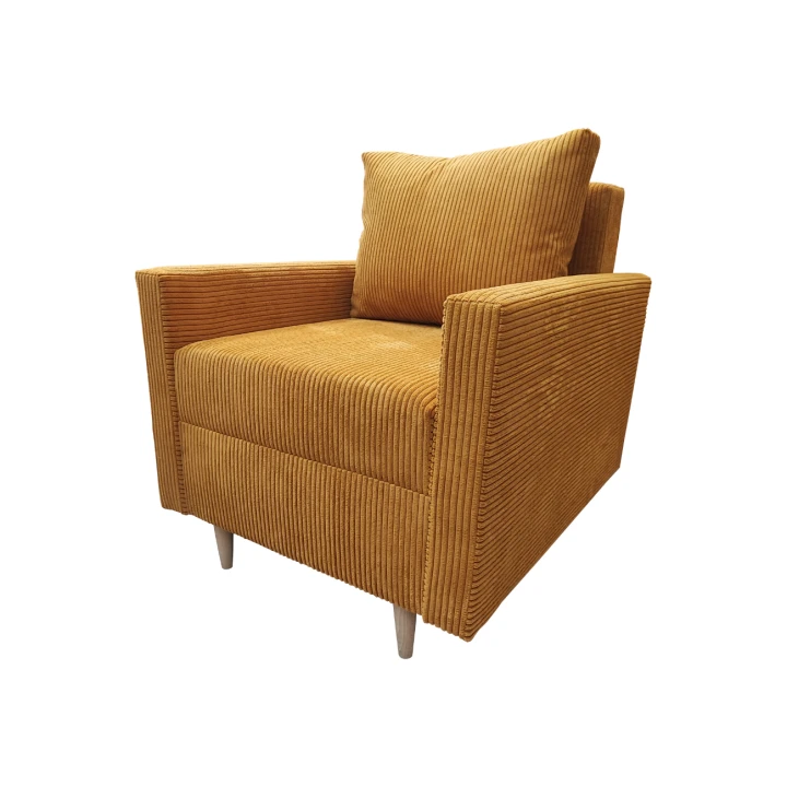 MUSZTARDOWY FOTEL DO SALONU SCANDIK WYSOKIE NÓŻKI PODUSZKA SZTRUKS NÓŻKI