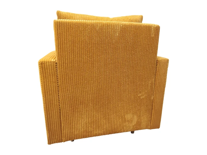 MUSZTARDOWY FOTEL DO SALONU SCANDIK WYSOKIE NÓŻKI PODUSZKA SZTRUKS NÓŻKI