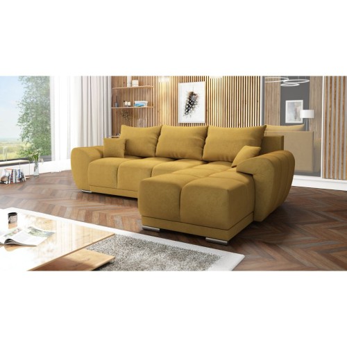 MUSZTARDOWY NAROŻNIK ROZKŁADANY DO SALONU ROGÓWKA Z FUNKCJĄ SPANIA HONEY L