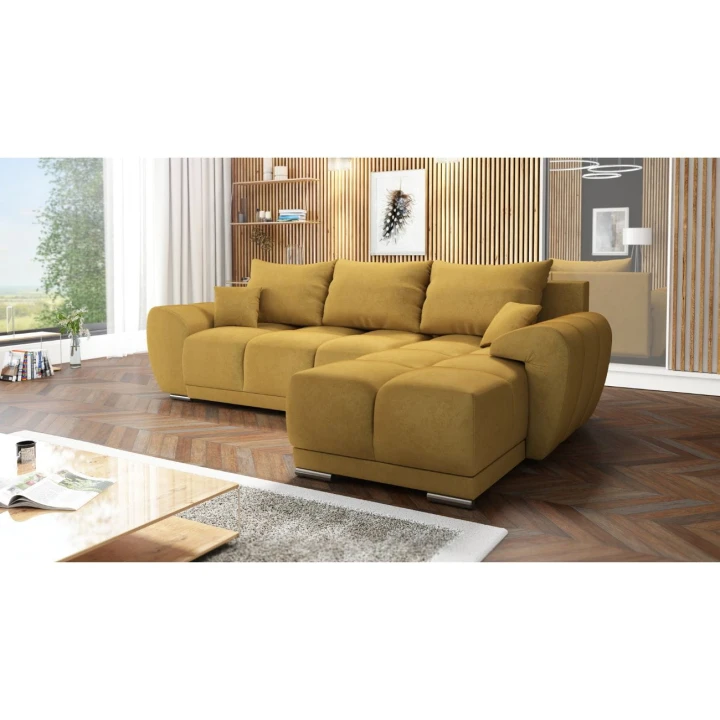 MUSZTARDOWY NAROŻNIK ROZKŁADANY DO SALONU ROGÓWKA Z FUNKCJĄ SPANIA HONEY L