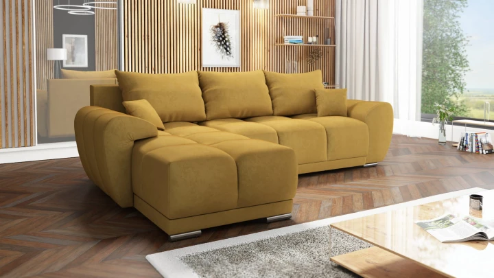 MUSZTARDOWY NAROŻNIK ROZKŁADANY DO SALONU ROGÓWKA Z FUNKCJĄ SPANIA HONEY L