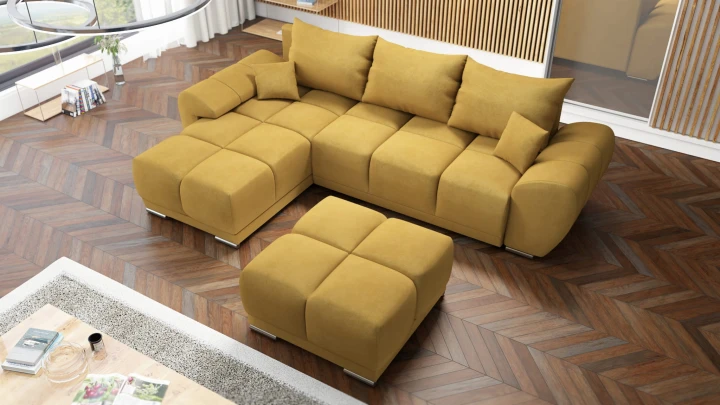 MUSZTARDOWY NAROŻNIK ROZKŁADANY DO SALONU ROGÓWKA Z FUNKCJĄ SPANIA HONEY L