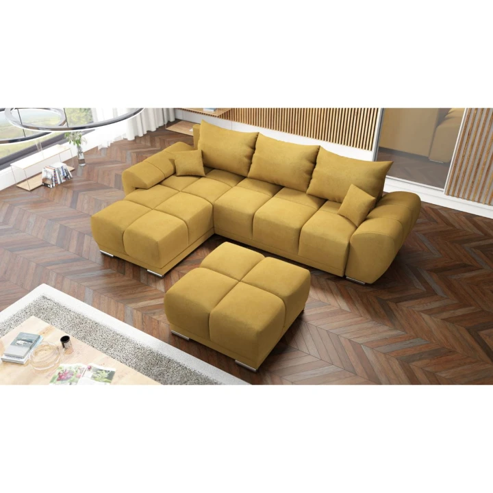 MUSZTARDOWY NAROŻNIK ROZKŁADANY ROGÓWKA FUNKCJA SPANIA HONEY L + DUŻA PUFA