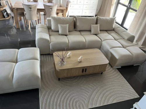 NAROŻNIK ROZKŁADANY Z FUNKCJĄ SPANIA HONEY L + DUŻA PUFA JASNY BEŻ