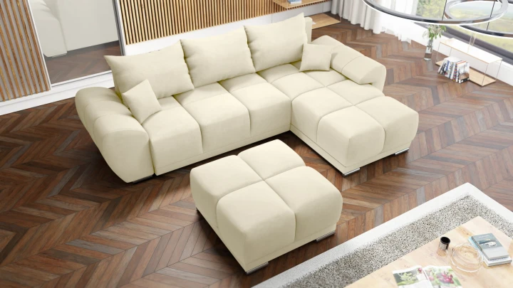 NAROŻNIK ROZKŁADANY Z FUNKCJĄ SPANIA HONEY L + DUŻA PUFA JASNY BEŻ