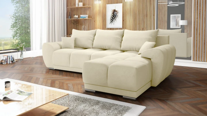 NAROŻNIK ROZKŁADANY Z FUNKCJĄ SPANIA HONEY L + DUŻA PUFA JASNY BEŻ