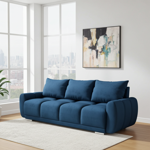 NIEBIESKA KANAPA ROZKŁADANA Z FUNKCJĄ SPANIA HONEY 3 SPRĘŻYNY POJEMNIK WELUR PROMOCJA 5 KOLORÓW