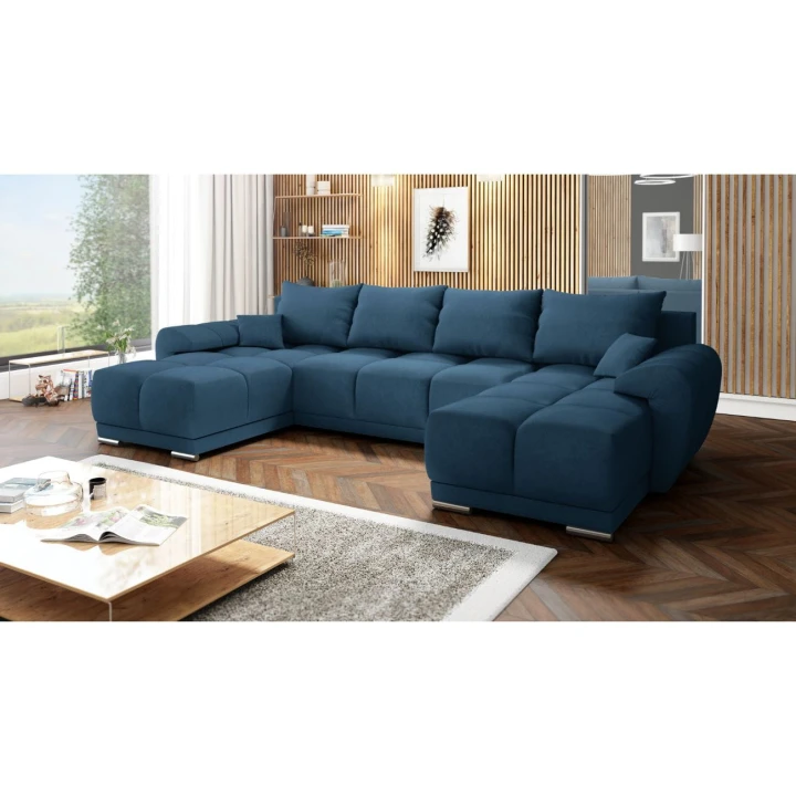 NIEBIESKI DUŻY NAROŻNIK ROZKŁADANY DO SALONU KANAPA FUNKCJA SPANIA HONEY U