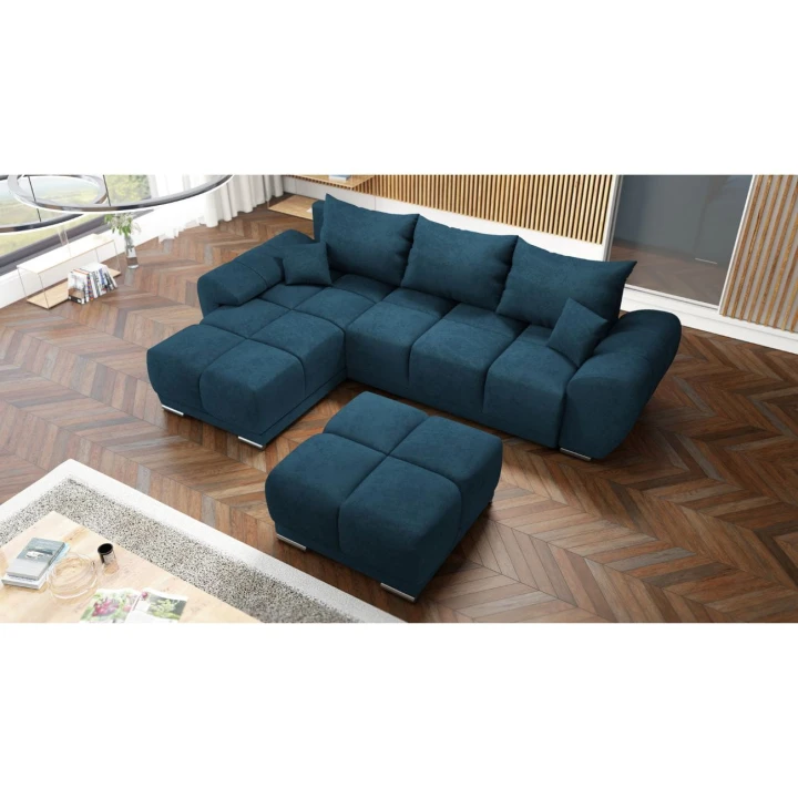 NIEBIESKI NAROŻNIK DO SALONU ROZKŁADANY FUNKCJA SPANIA HONEY L + DUŻA PUFA