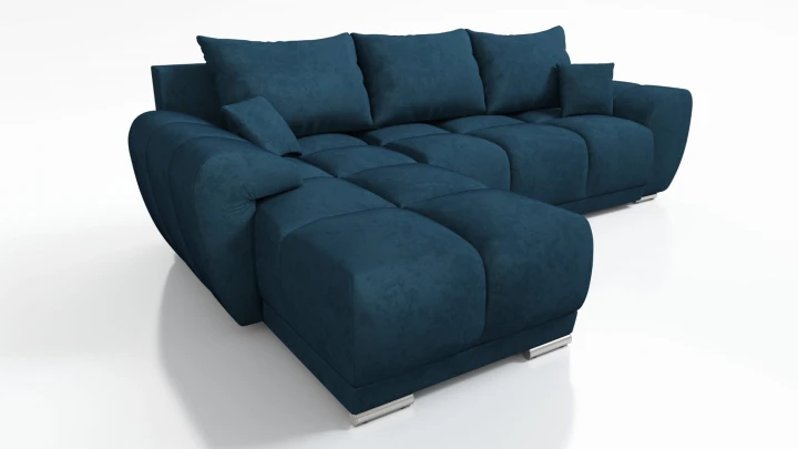 NIEBIESKI NAROŻNIK DO SALONU ROZKŁADANY FUNKCJA SPANIA HONEY L + DUŻA PUFA