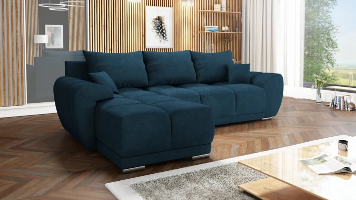 NIEBIESKI NAROŻNIK DO SALONU ROZKŁADANY FUNKCJA SPANIA HONEY L + DUŻA PUFA