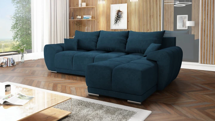 NIEBIESKI NAROŻNIK DO SALONU ROZKŁADANY FUNKCJA SPANIA HONEY L + DUŻA PUFA