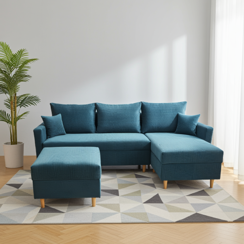 NIEBIESKI NAROŻNIK ROZKŁADANY SCANDIK SZTRUKS BONELL 2X POJEMNIK ROGÓWKA + PUFA  FUNKCJA SPANIA