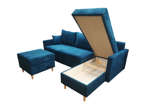 NIEBIESKI NAROŻNIK ROZKŁADANY SCANDIK SZTRUKS BONELL 2X POJEMNIK ROGÓWKA + PUFA  FUNKCJA SPANIA