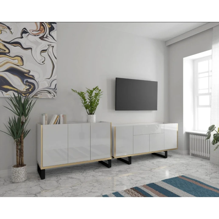 NOWOCZESNA SZAFKA RTV BIAŁY POŁYSK 180 cm GOLDI