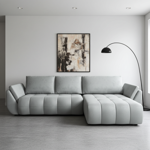 NOWOCZESNY NAROŻNIK TAPICEROWANY MAGDA   FUNKCJA SPANIA POJEMNIK NA POŚCIEL PODUSZKI - TKANINA PLAMOODPORNA