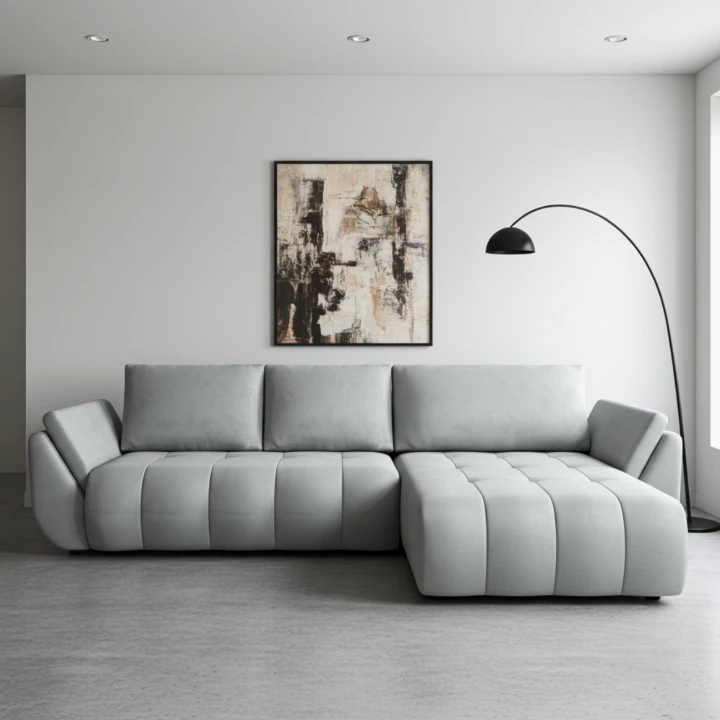 NOWOCZESNY NAROŻNIK TAPICEROWANY MAGDA   FUNKCJA SPANIA POJEMNIK NA POŚCIEL PODUSZKI - TKANINA PLAMOODPORNA