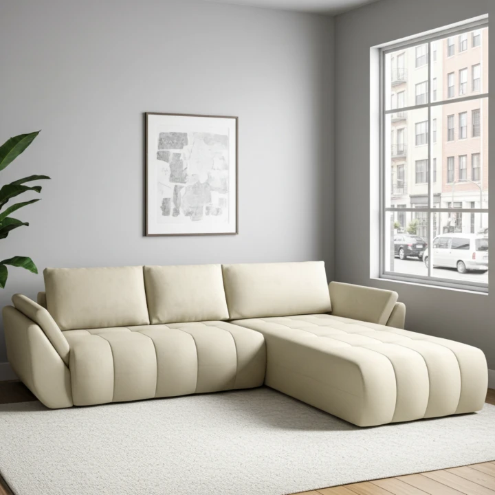 NOWOCZESNY NAROŻNIK TAPICEROWANY MARIA   FUNKCJA SPANIA POJEMNIK NA POŚCIEL PODUSZKI - TKANINA PLAMOODPORNA