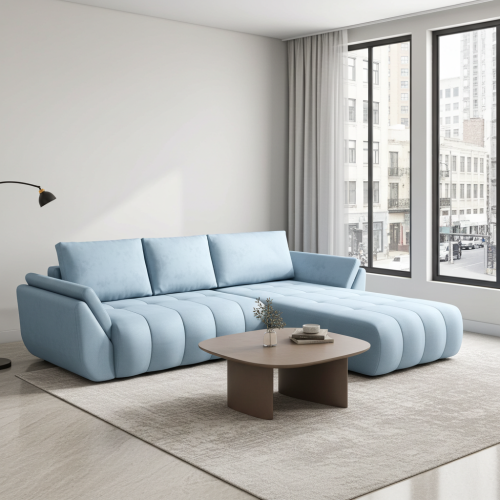 NOWOCZESNY NAROŻNIK TAPICEROWANY MAGDA FUNKCJA SPANIA POJEMNIK NA POŚCIEL PODUSZKI - TKANINA PLAMOODPORNA