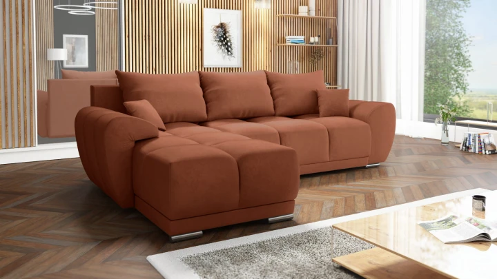 NOWOCZESNY NAROŻNIK KANAPA ROZKŁADANA FUNKCJA SPANIA HONEY L + DUŻA PUFA