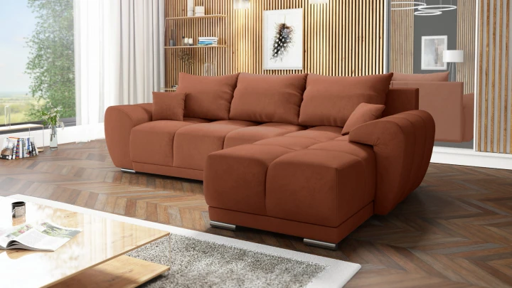 NOWOCZESNY NAROŻNIK KANAPA ROZKŁADANA FUNKCJA SPANIA HONEY L + DUŻA PUFA